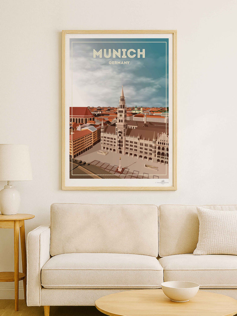 Munich Germany Travel Poster Print aerial architecture buildings cathedral cityscape clocktower clouds Europe european framed Germany historic landmark munich new old plaza rooftops skyline spire square tower