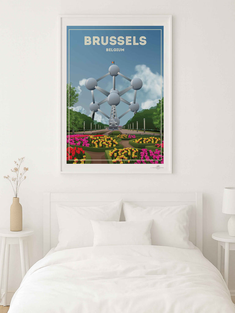 Brussels Belgium Travel Poster Print architecture atomium Belgium brussels clouds Europe flowers framed gardens iconic landmark modern monument new park sculpture sky spheres structure tourism trees tulips