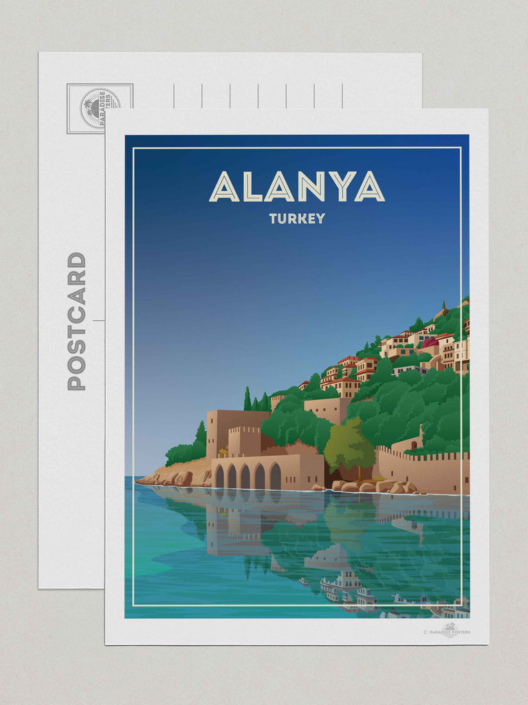 Alanya Castle Paradise Posters Travel Poster Print Postcard (A5 148 x 210mm) architecture blue castle coast fortress framed greenery hillside historic houses mediterranean new reflection sea shoreline sky towers Turkey walls water