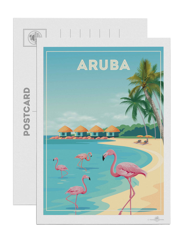 Aruba Travel Poster Print Postcard (A5 148 x 210mm) aruba Caribbean coast exotic flamingos framed huts lagoon new ocean palm paradise resort sand shoreline sunbeds trees tropical umbrellas water