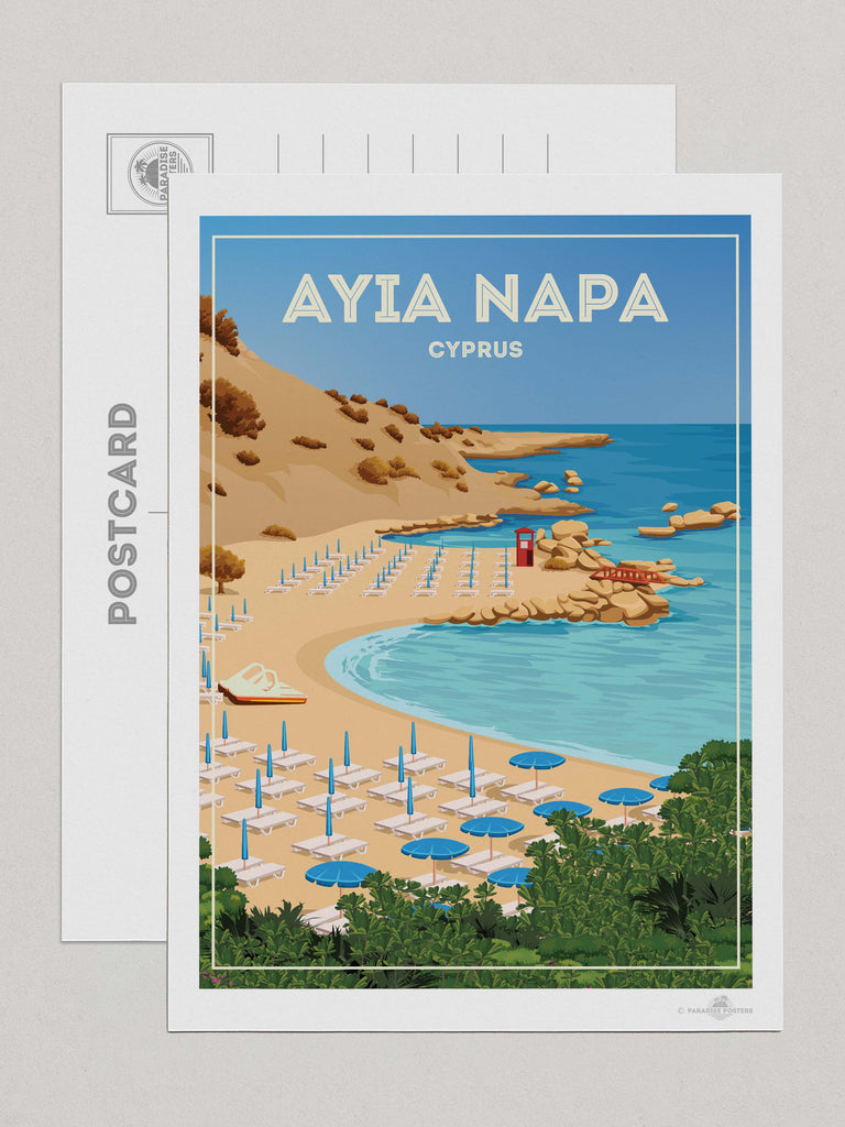 Ayia Napa Cyprus Travel Poster Print Postcard (A5 148 x 210mm) ayia bay beach cliffs coast framed greenery hut lifeguard napa new ocean resort rocks sand sea shoreline summer sunbeds umbrellas