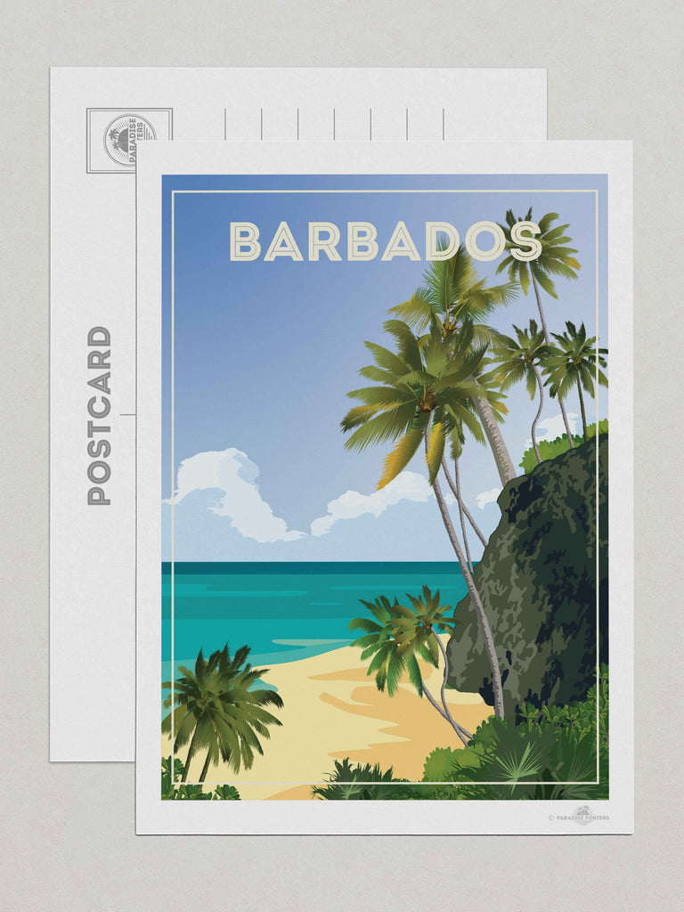 Barbados Travel Poster Print Postcard (A5 148 x 210mm) beach cliff clouds coast exotic framed greenery horizon jungle new ocean palm paradise sand sea shoreline sky trees tropical