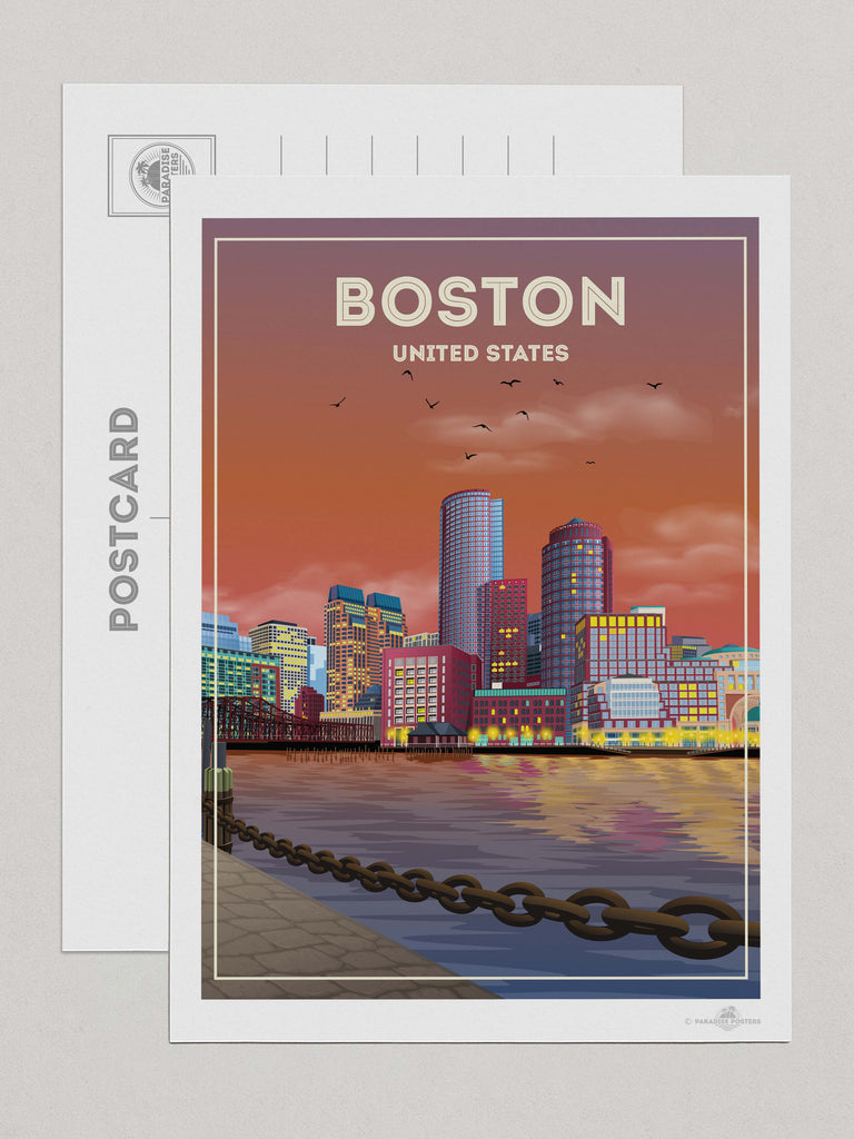 Boston United States Travel Poster Print Postcard (A5 148 x 210mm) americana wall boston art handmade print historic boston north america spt-tagged travel decor United States vintage poster
