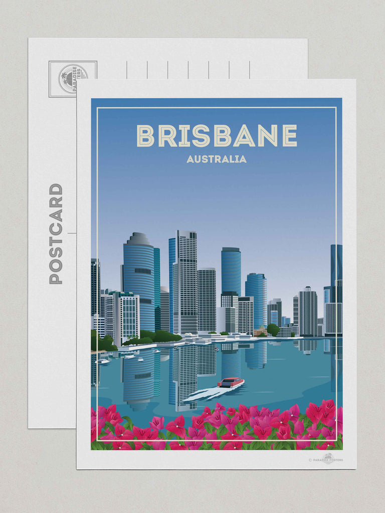 Brisbane Australia Travel Poster Print Postcard (A5 148 x 210mm) architecture blue boat brisbane buildings cityscape flowers framed modern new pink reflection river skyline skylineview skyscrapers tropical urban waterfront