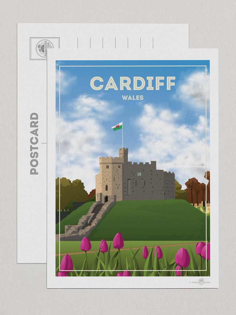 Cardiff Wales Travel Poster Print Postcard (A5 148 x 210mm) architecture cardiff castle clouds flag flowers fortress framed grass heritage hill historic landmark medieval new sky stone tower tulips welsh