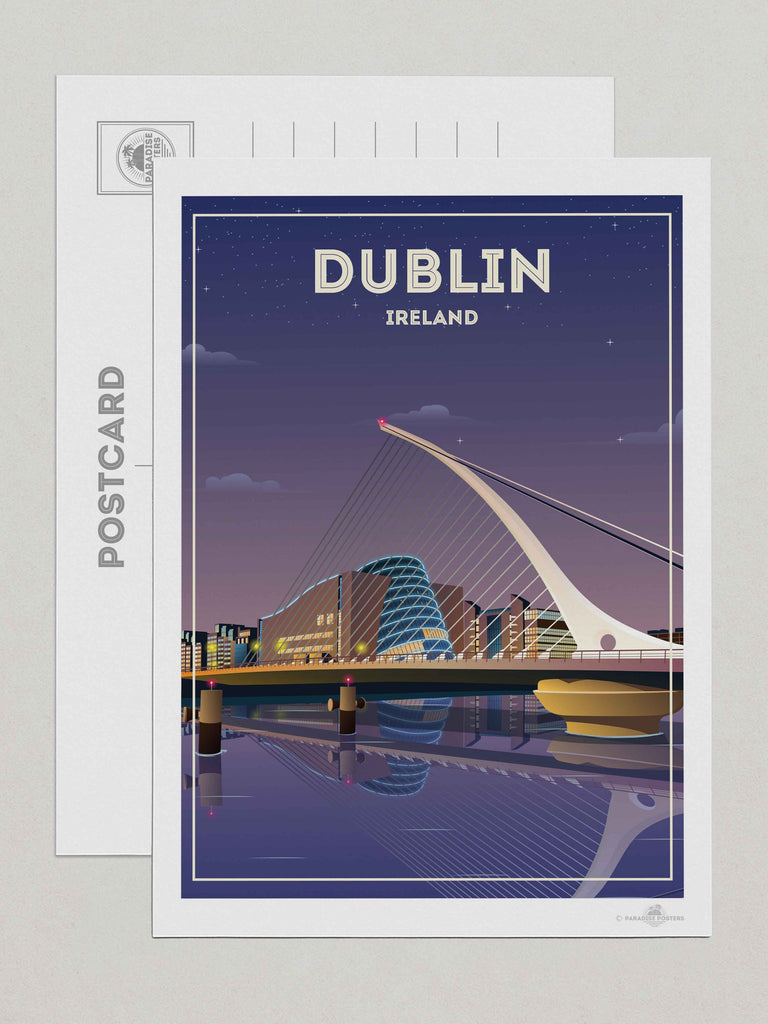 Dublin Ireland Travel Poster Print Postcard (A5 148 x 210mm) architecture bridge cables cityscape dublin evening framed illuminated ireland landmark lights modern new night reflection river skyline stars urban waterfront