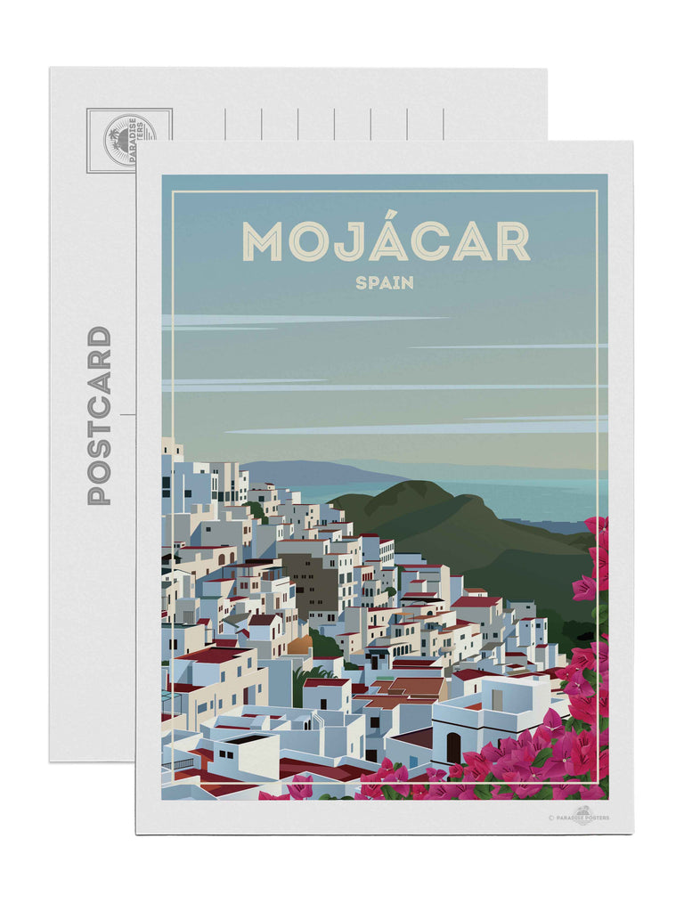 Mojácar Spain Travel Poster Print Postcard (A5 148 x 210mm) architecture bougainvillea coastal flowers framed hillside houses mediterranean mojacar mountains new pink rooftops scenic sky sunlight town village white
