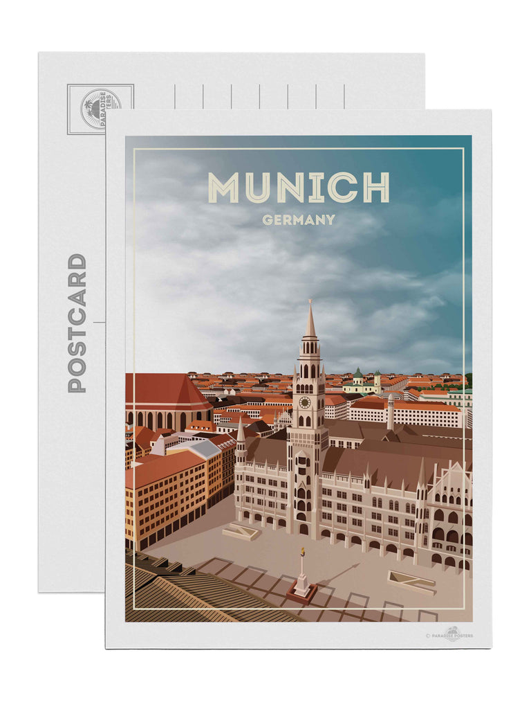 Munich Germany Travel Poster Print Postcard (A5 148 x 210mm) aerial architecture buildings cathedral cityscape clocktower clouds Europe european framed Germany historic landmark munich new old plaza rooftops skyline spire square tower