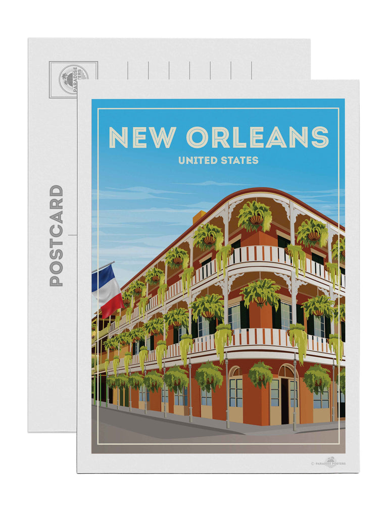 New Orleans United States Travel Poster Print Postcard (A5 148 x 210mm) architecture balcony building cityscape colonial corner ferns flag framed french historic new orleans plants quarter railings shutters street United States vintage windows