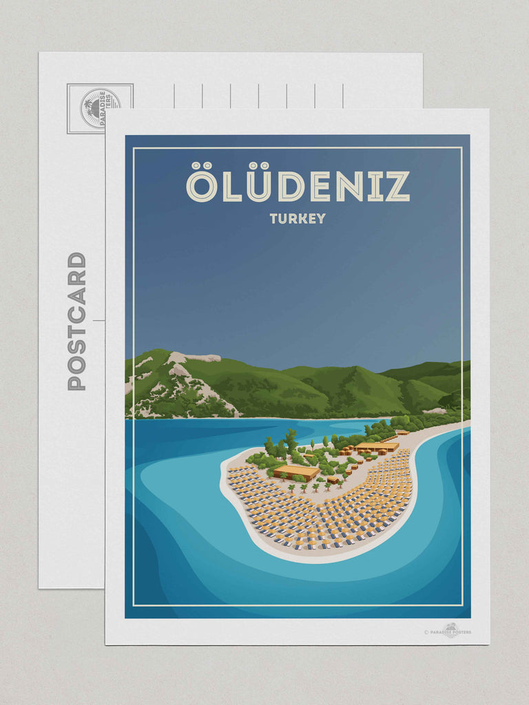 Oludeniz Turkey Travel Poster Print Postcard (A5 148 x 210mm) bay beach coastline framed greenery hills lagoon mountains new ocean oludeniz resort sand sea shoreline sunbeds tropical umbrellas water