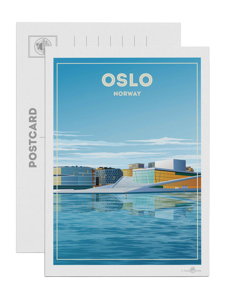 Oslo Norway Travel Poster Print Postcard (A5 148 x 210mm) architecture blue buildings cityscape contemporary framed glass harbour house modern new Norway opera oslo reflection sky skyline urban water waterfront