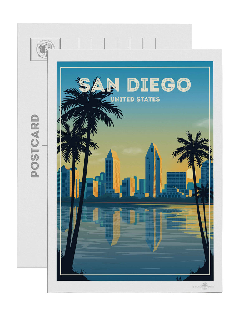 San Diego United States Travel Poster Print Postcard (A5 148 x 210mm) buildings cityscape coastal framed gradient illustration modern new ocean palm reflection silhouette skyline skyscrapers sunset trees twilight urban water waterfront