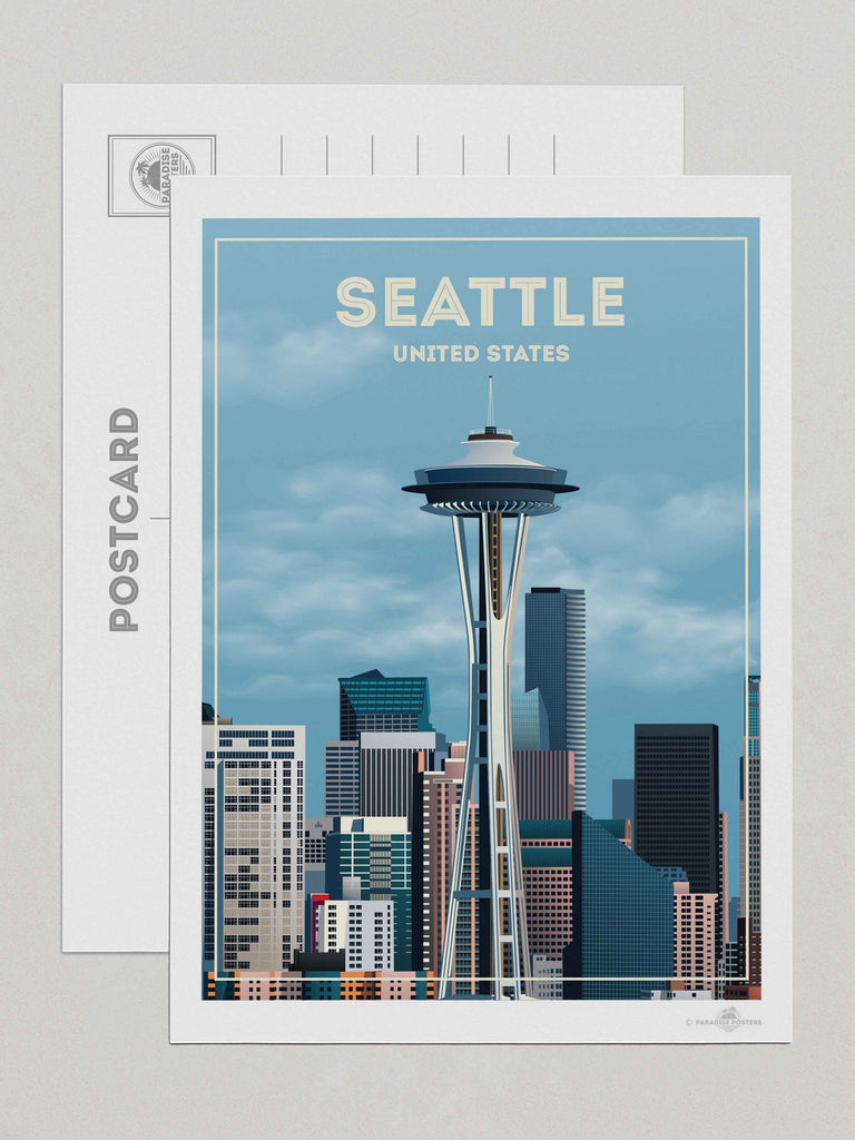 Seattle United States Travel Poster Print Postcard (A5 148 x 210mm) architecture buildings cityscape clouds downtown framed landmark metropolitan modern new seattle sky skyline skyscrapers spaceneedle states tower united urban usa