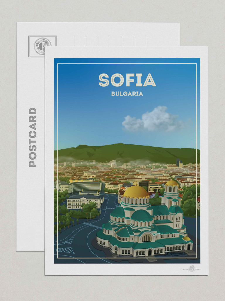Sofia Bulgaria Travel Poster Print Postcard (A5 148 x 210mm) architecture bulgaria capital cathedral church cityscape clouds domes Europe framed gold green hills historic landmark mountains new orthodox skyline sofia square