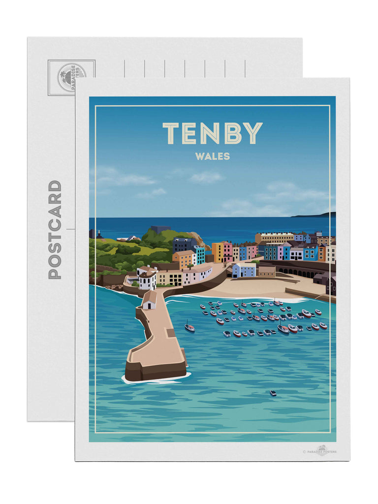 Tenby Wales Travel Poster Print Postcard (A5 148 x 210mm) boats buildings cliffs coastline colourful framed harbour headland houses marina new ocean pier sea seaside sky tenby town Wales water
