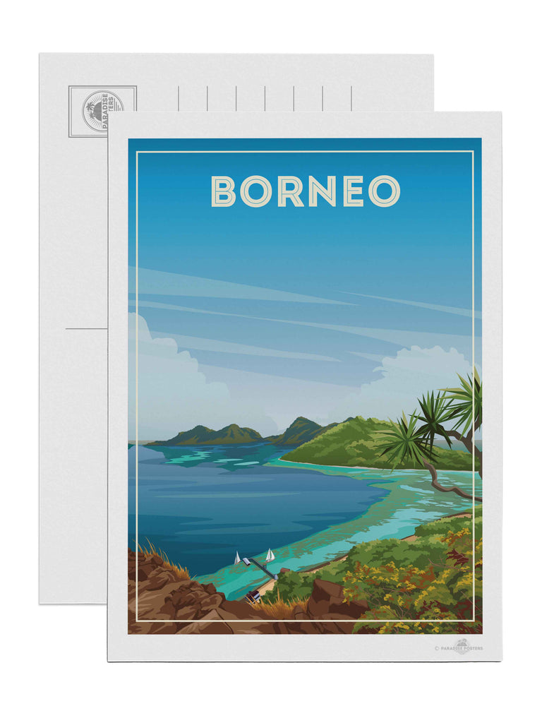 Borneo Travel Poster Print Postcard (A5 148 x 210mm) bedroom art blue green artwork borneo poster coastal wall art exotic travel poster framed gift for travellers holiday decor housewarming gift living room decor Malaysia nature wall decor new office wall print paradise poster sea and island art tropical travel print vintage travel art