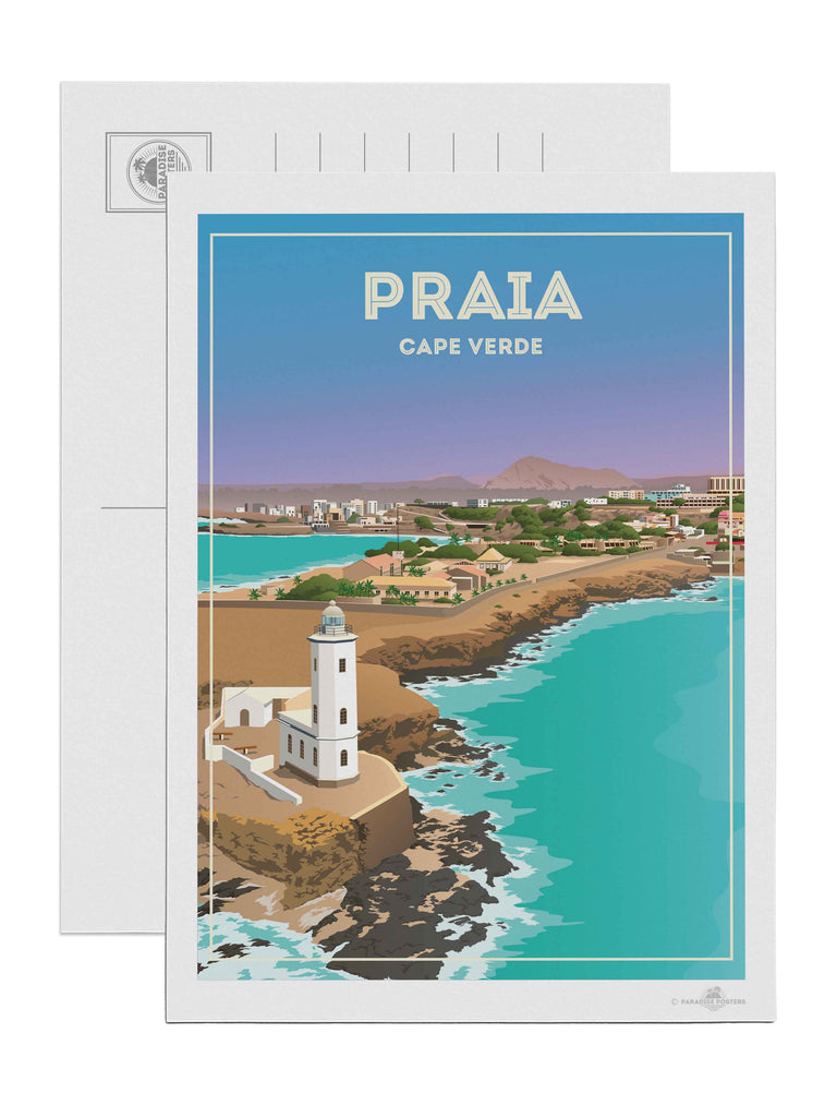 Praia Cape Verde Travel Poster Print Postcard (A5 148 x 210mm) beach decor bedroom wall art birthday present calming wall art cape verde cape verde art coastal wall art framed gift idea housewarming gift lighthouse print living room art minimalist decor modern art print new office decor pastel colour art praia cape verde travel poster print praia poster sea view poster travel home decor travel poster turquoise sea with pastel blue and lavender sky