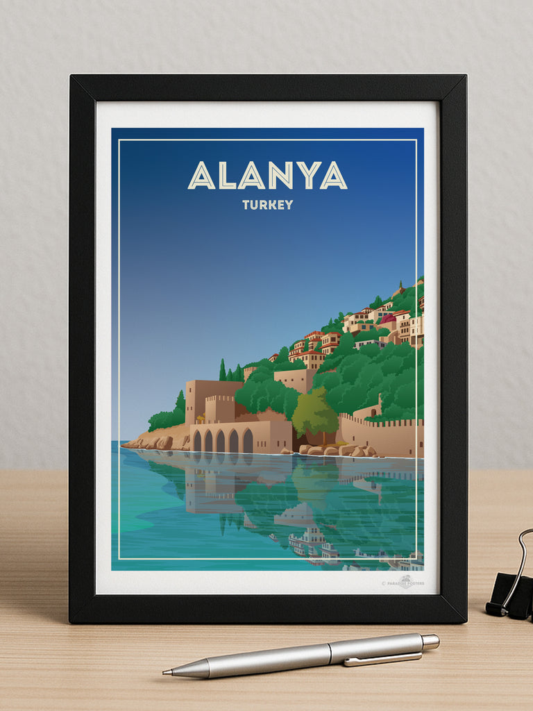 Alanya Castle Paradise Posters Travel Poster Print architecture blue castle coast fortress framed greenery hillside historic houses mediterranean new reflection sea shoreline sky towers Turkey walls water