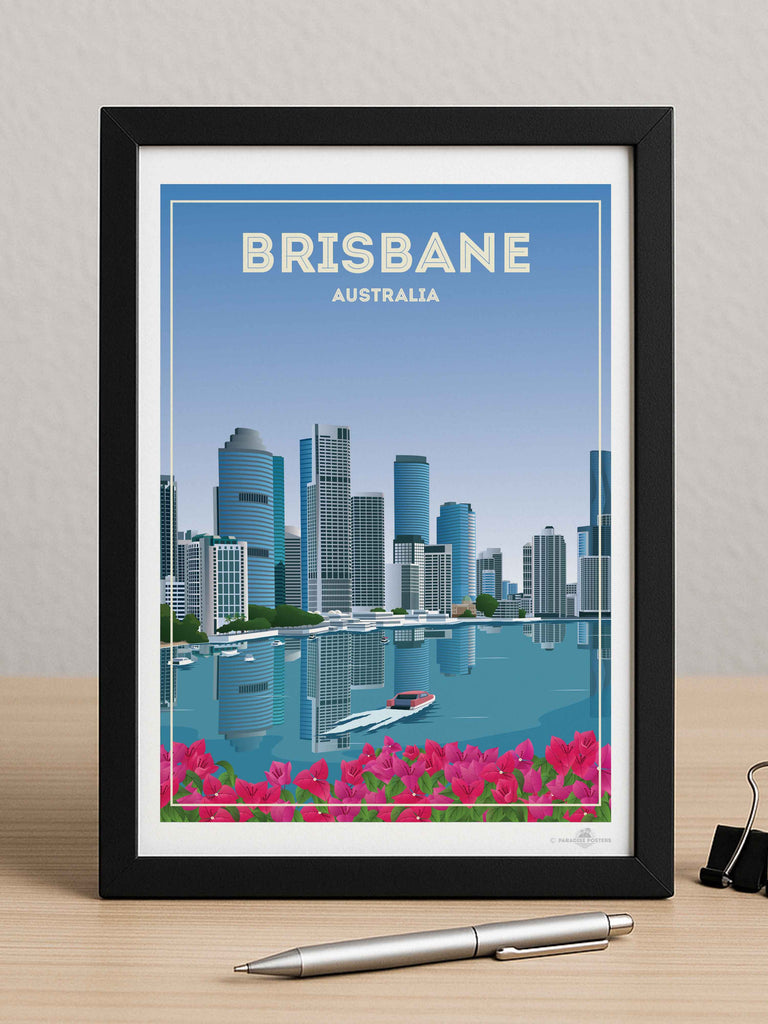 Brisbane Australia Travel Poster Print architecture blue boat brisbane buildings cityscape flowers framed modern new pink reflection river skyline skylineview skyscrapers tropical urban waterfront