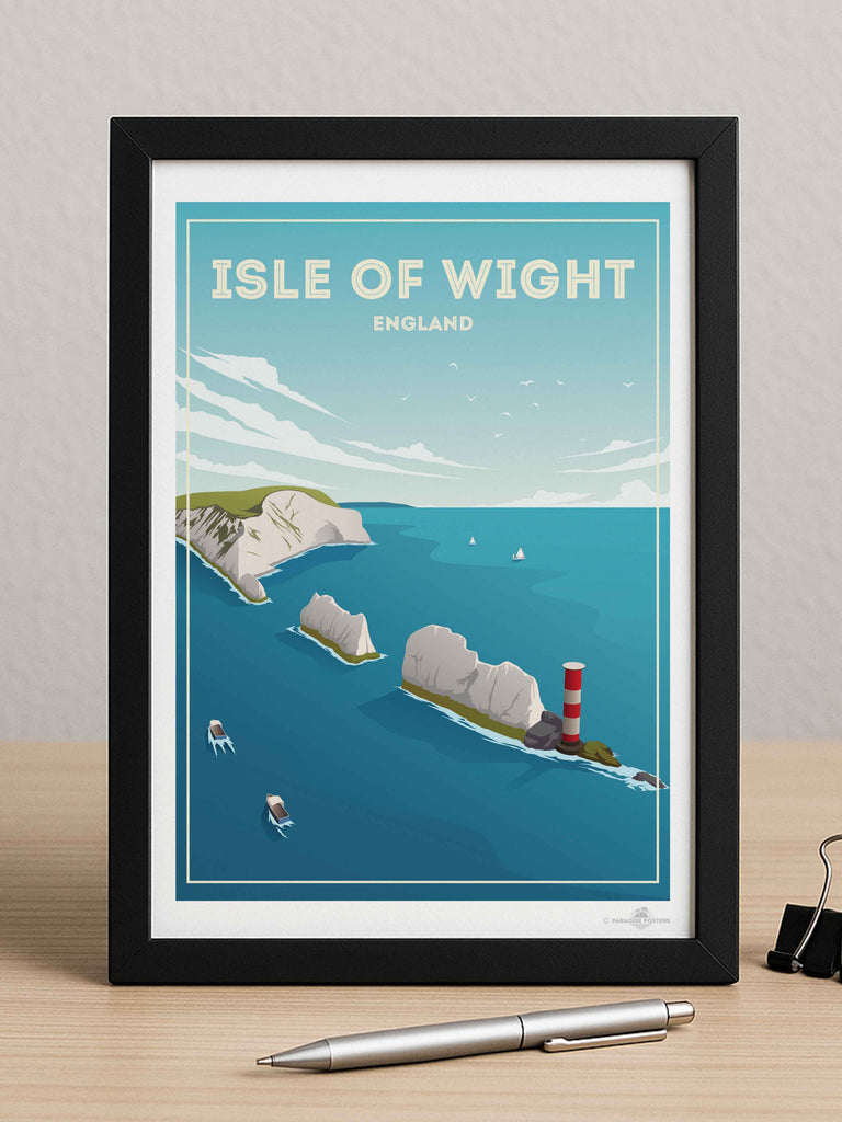 Isle of Wight England Travel Poster Print birds boats cliffs clouds coast coastline England framed headland isle lighthouse nature nautical new ocean rocks sea sky United Kingdom water waves wight