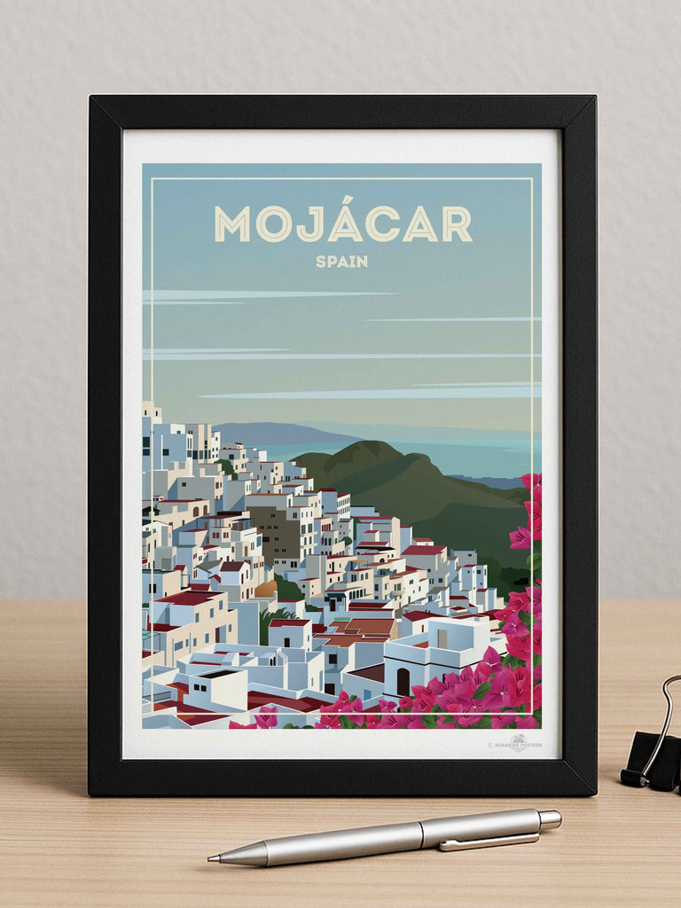 Mojácar Spain Travel Poster Print architecture bougainvillea coastal flowers framed hillside houses mediterranean mojacar mountains new pink rooftops scenic sky sunlight town village white