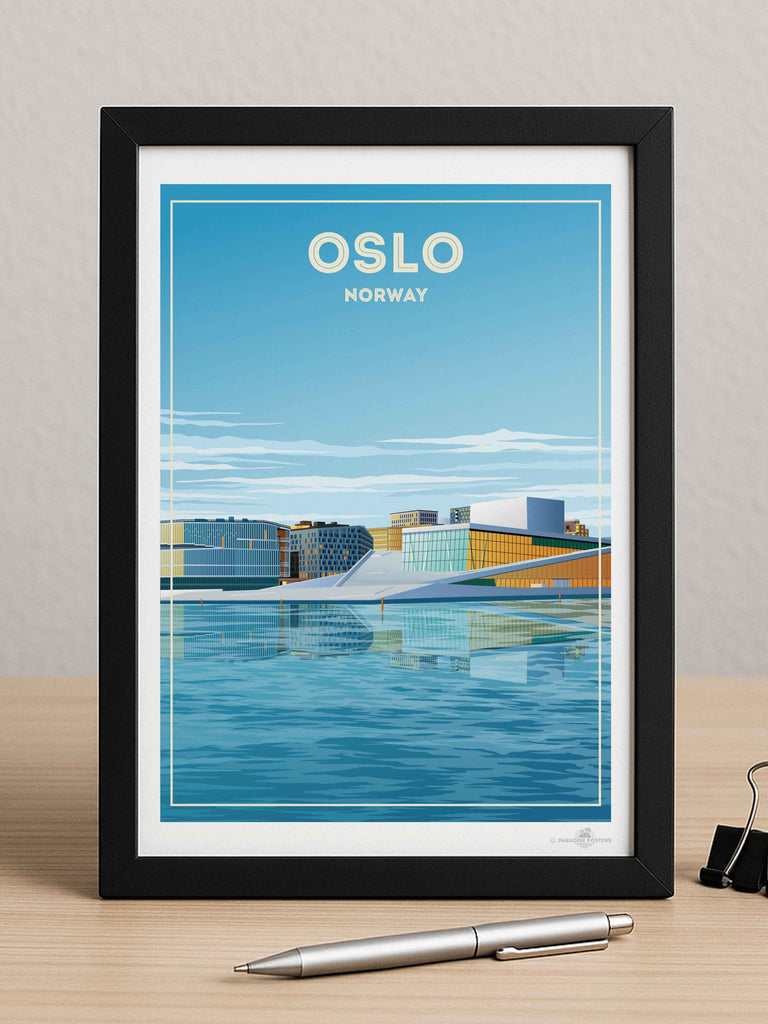 Oslo Norway Travel Poster Print architecture blue buildings cityscape contemporary framed glass harbour house modern new Norway opera oslo reflection sky skyline urban water waterfront