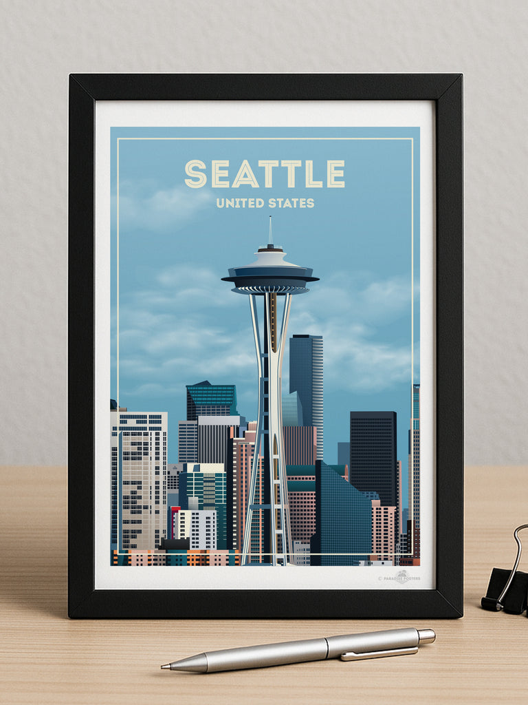 Seattle United States Travel Poster Print architecture buildings cityscape clouds downtown framed landmark metropolitan modern new seattle sky skyline skyscrapers spaceneedle states tower united urban usa