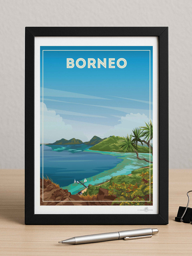 Borneo Travel Poster Print bedroom art blue green artwork borneo poster coastal wall art exotic travel poster framed gift for travellers holiday decor housewarming gift living room decor Malaysia nature wall decor new office wall print paradise poster sea and island art tropical travel print vintage travel art