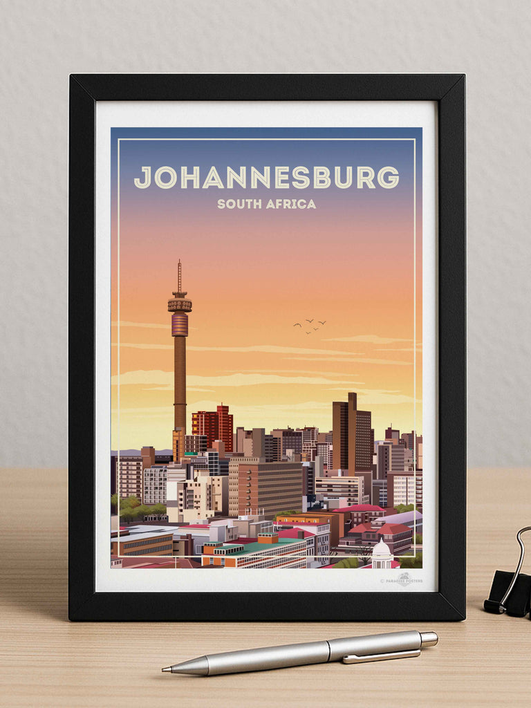 Johannesburg South Africa Travel Poster Print architecture bedroom wall art birthday gift bougainvillea cityscape wall art coastal contemporary art flowers framed hillside houses housewarming gift johannesburg poster living room art mediterranean modern illustration mojacar mountains new office decor pink premium art print rooftops scenic sky South Africa south africa print sunlight sunset skyline art town travel poster travel wall art urban decor village white world cities poster