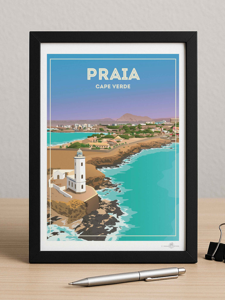 Praia Cape Verde Travel Poster Print beach decor bedroom wall art birthday present calming wall art cape verde cape verde art coastal wall art framed gift idea housewarming gift lighthouse print living room art minimalist decor modern art print new office decor pastel colour art praia cape verde travel poster print praia poster sea view poster travel home decor travel poster turquoise sea with pastel blue and lavender sky