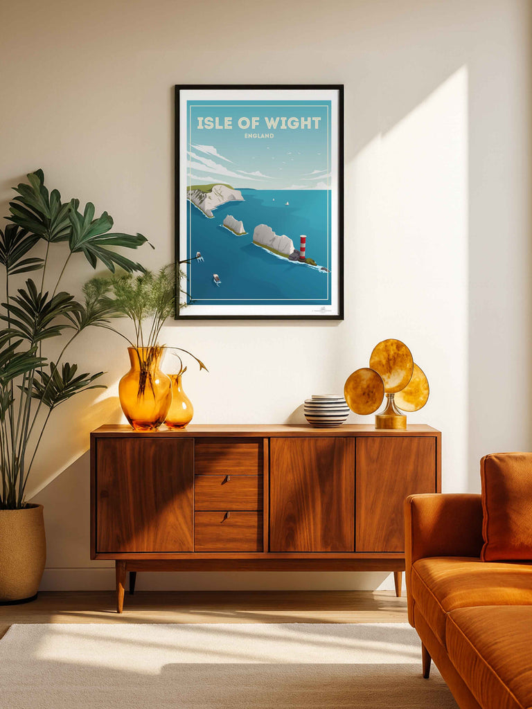 Isle of Wight England Travel Poster Print birds boats cliffs clouds coast coastline England framed headland isle lighthouse nature nautical new ocean rocks sea sky United Kingdom water waves wight