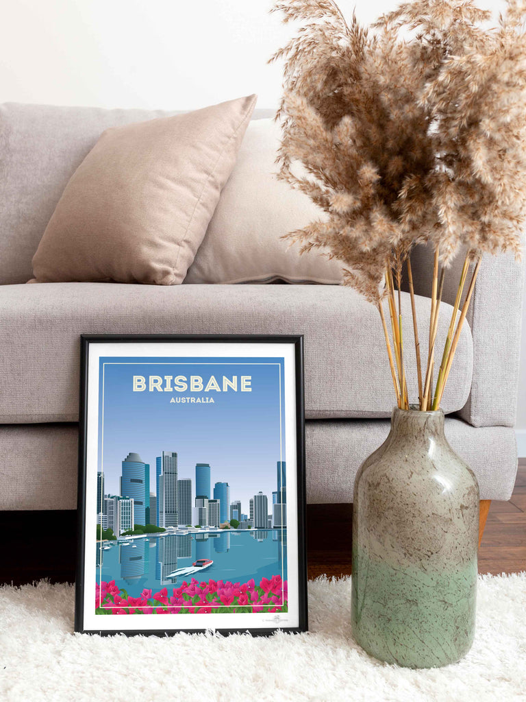 Brisbane Australia Travel Poster Print architecture blue boat brisbane buildings cityscape flowers framed modern new pink reflection river skyline skylineview skyscrapers tropical urban waterfront