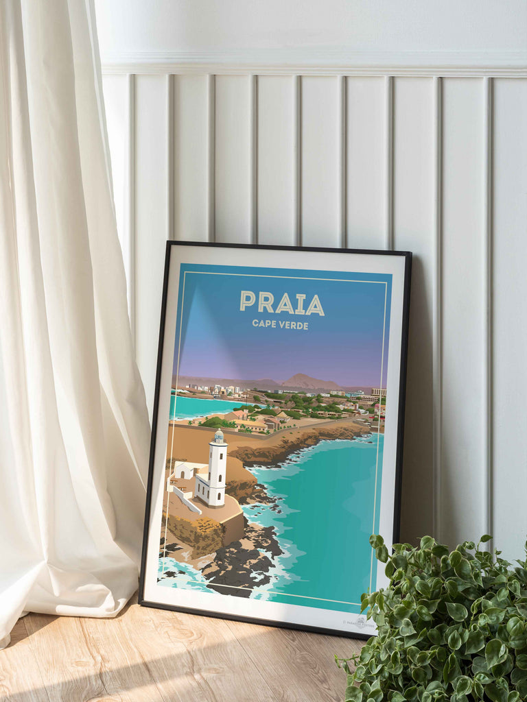 Praia Cape Verde Travel Poster Print beach decor bedroom wall art birthday present calming wall art cape verde cape verde art coastal wall art framed gift idea housewarming gift lighthouse print living room art minimalist decor modern art print new office decor pastel colour art praia cape verde travel poster print praia poster sea view poster travel home decor travel poster turquoise sea with pastel blue and lavender sky