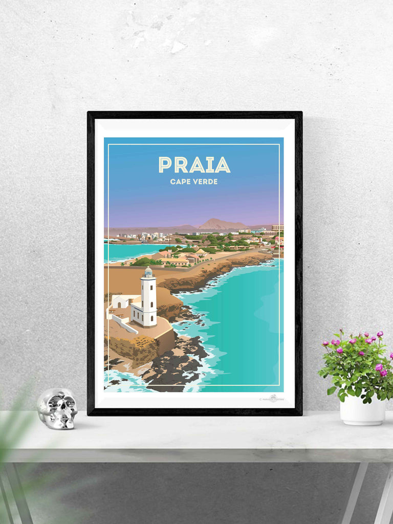 Praia Cape Verde Travel Poster Print beach decor bedroom wall art birthday present calming wall art cape verde cape verde art coastal wall art framed gift idea housewarming gift lighthouse print living room art minimalist decor modern art print new office decor pastel colour art praia cape verde travel poster print praia poster sea view poster travel home decor travel poster turquoise sea with pastel blue and lavender sky