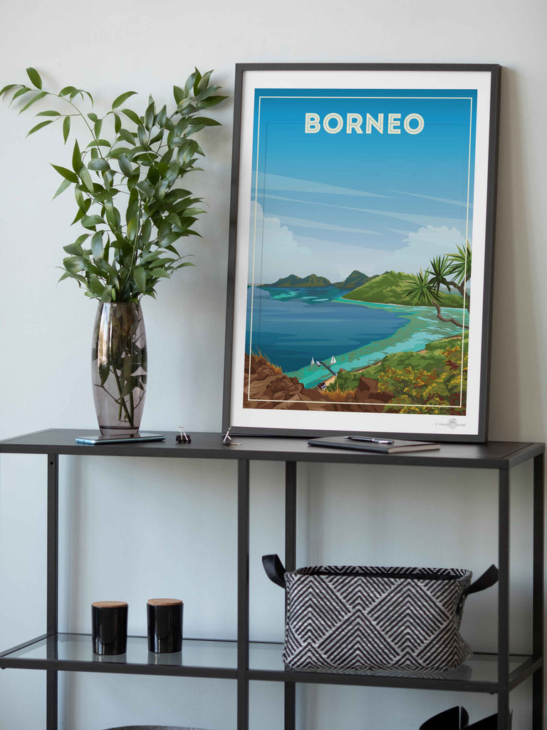 Borneo Travel Poster Print bedroom art blue green artwork borneo poster coastal wall art exotic travel poster framed gift for travellers holiday decor housewarming gift living room decor Malaysia nature wall decor new office wall print paradise poster sea and island art tropical travel print vintage travel art