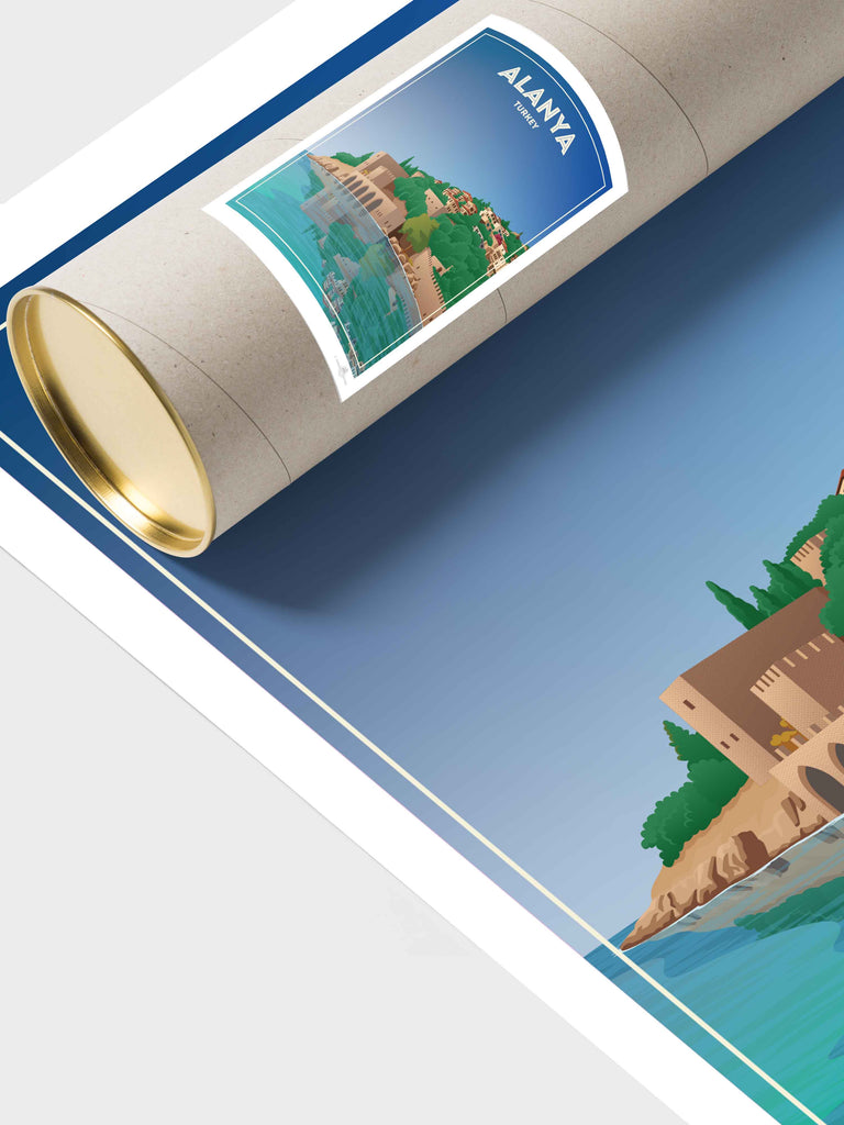 Alanya Castle Paradise Posters Travel Poster Print architecture blue castle coast fortress framed greenery hillside historic houses mediterranean new reflection sea shoreline sky towers Turkey walls water