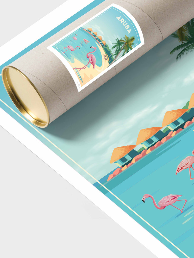 Aruba Travel Poster Print aruba Caribbean coast exotic flamingos framed huts lagoon new ocean palm paradise resort sand shoreline sunbeds trees tropical umbrellas water