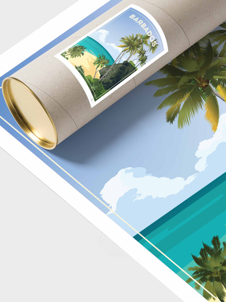 Barbados Travel Poster Print beach cliff clouds coast exotic framed greenery horizon jungle new ocean palm paradise sand sea shoreline sky trees tropical