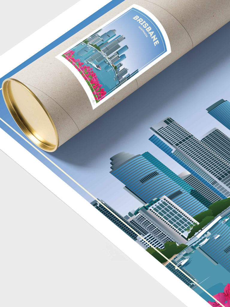 Brisbane Australia Travel Poster Print architecture blue boat brisbane buildings cityscape flowers framed modern new pink reflection river skyline skylineview skyscrapers tropical urban waterfront