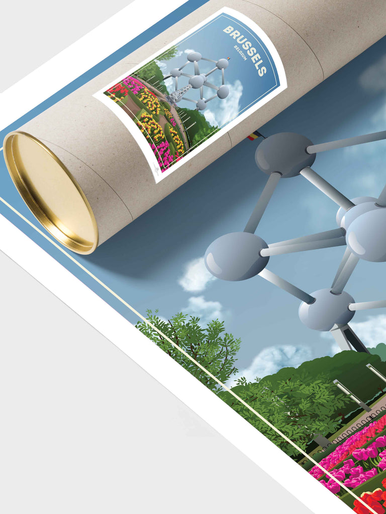 Brussels Belgium Travel Poster Print architecture atomium Belgium brussels clouds Europe flowers framed gardens iconic landmark modern monument new park sculpture sky spheres structure tourism trees tulips