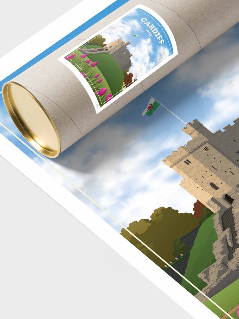 Cardiff Wales Travel Poster Print architecture cardiff castle clouds flag flowers fortress framed grass heritage hill historic landmark medieval new sky stone tower tulips welsh