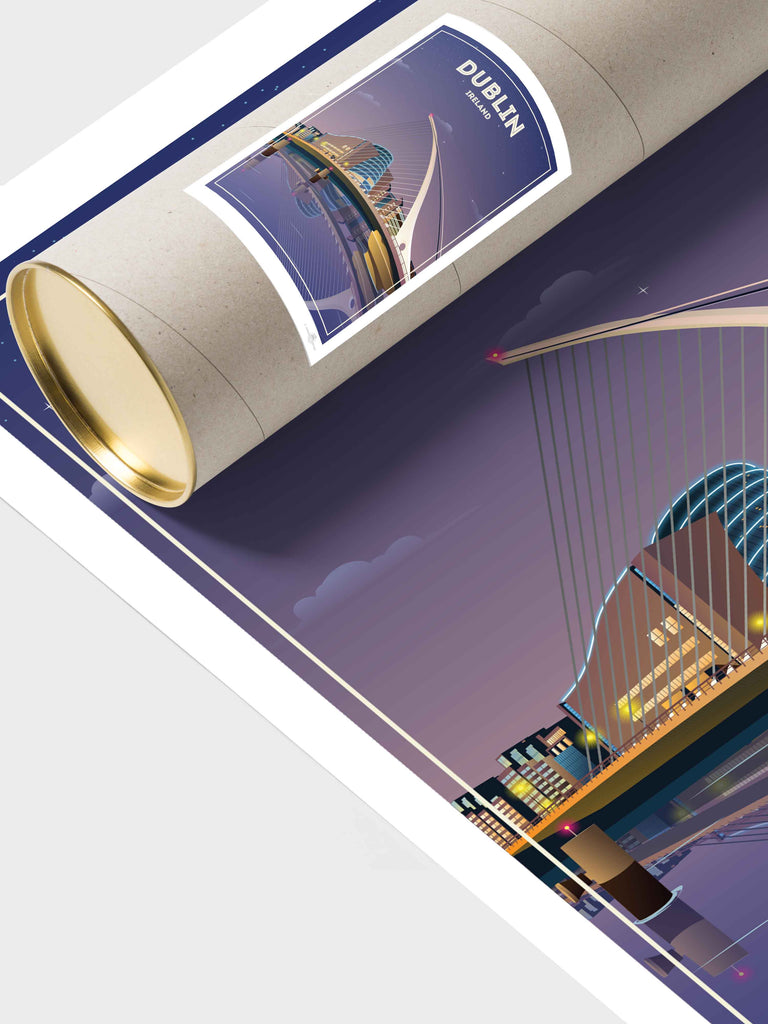 Dublin Ireland Travel Poster Print architecture bridge cables cityscape dublin evening framed illuminated ireland landmark lights modern new night reflection river skyline stars urban waterfront