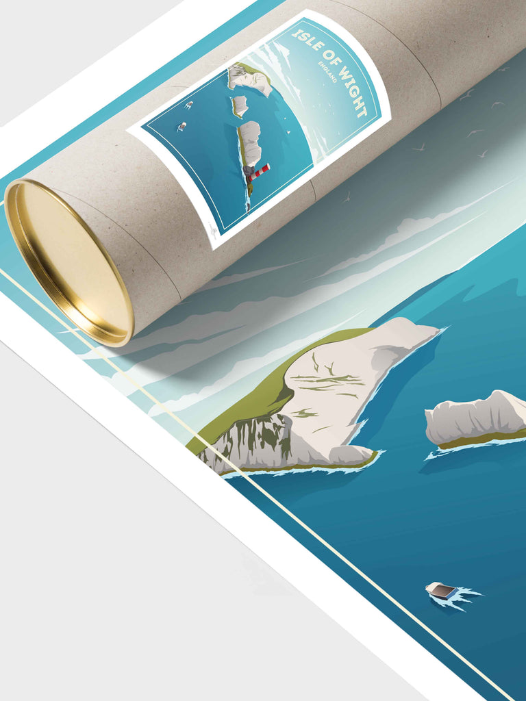 Isle of Wight England Travel Poster Print birds boats cliffs clouds coast coastline England framed headland isle lighthouse nature nautical new ocean rocks sea sky United Kingdom water waves wight