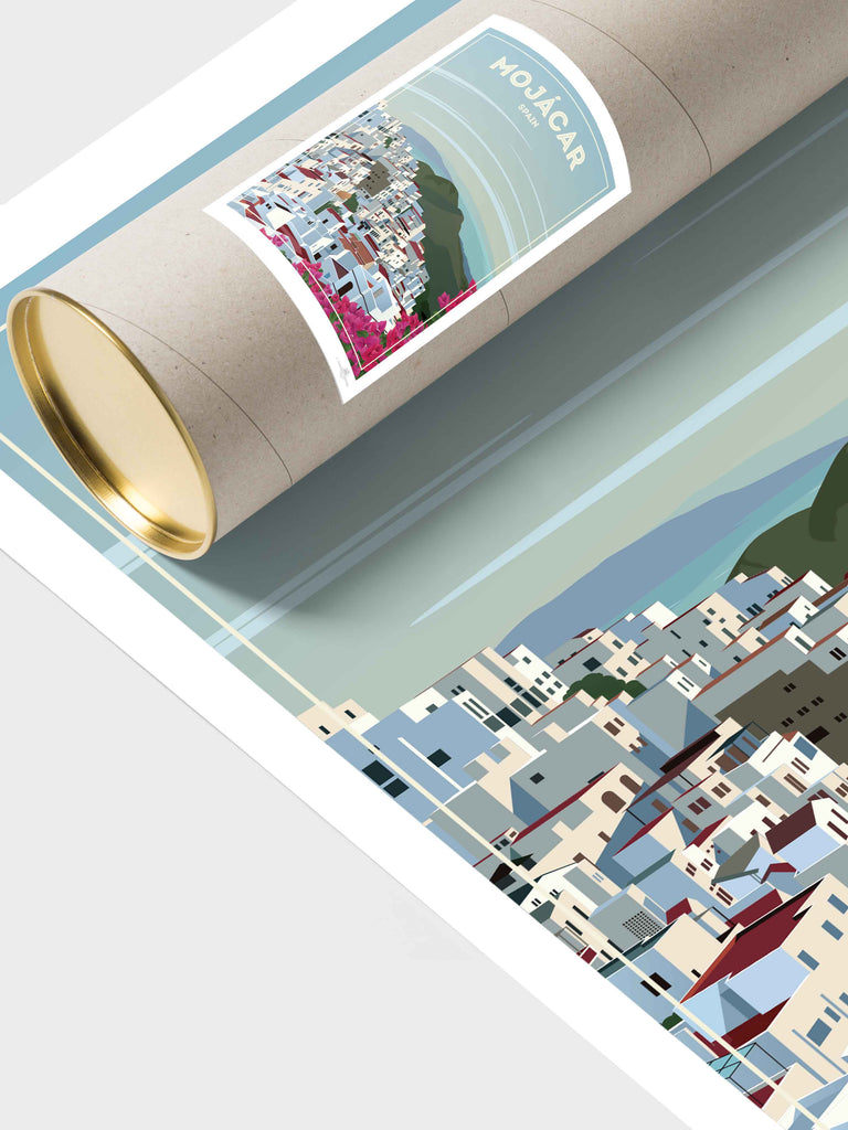 Mojácar Spain Travel Poster Print architecture bougainvillea coastal flowers framed hillside houses mediterranean mojacar mountains new pink rooftops scenic sky sunlight town village white