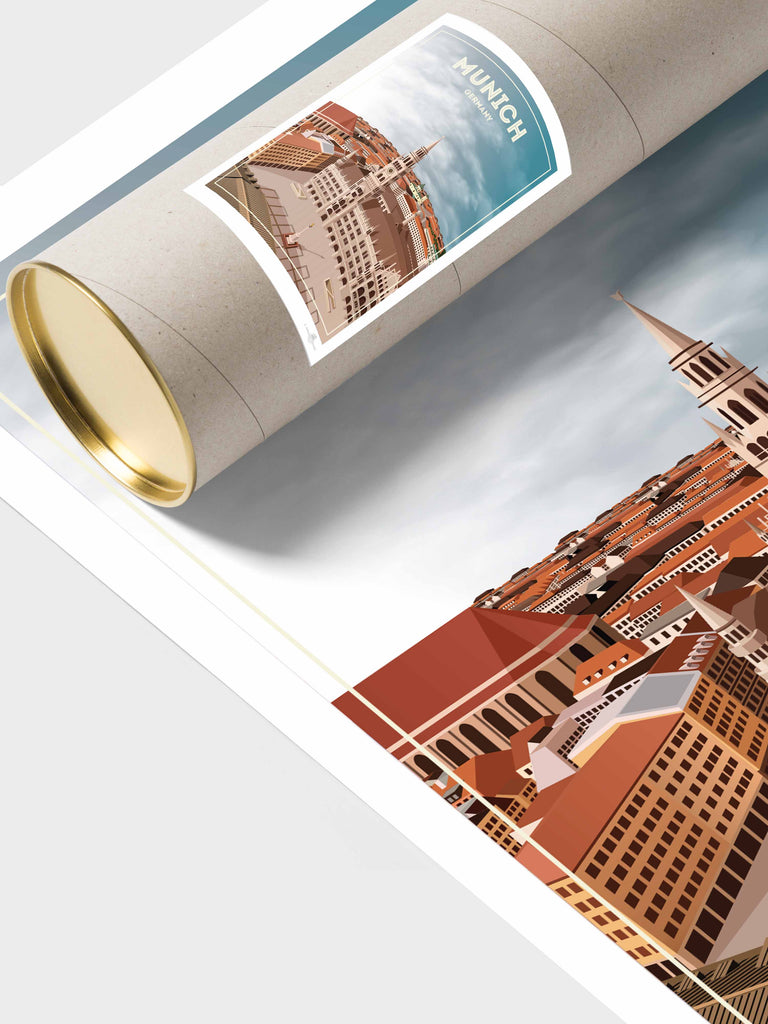 Munich Germany Travel Poster Print aerial architecture buildings cathedral cityscape clocktower clouds Europe european framed Germany historic landmark munich new old plaza rooftops skyline spire square tower
