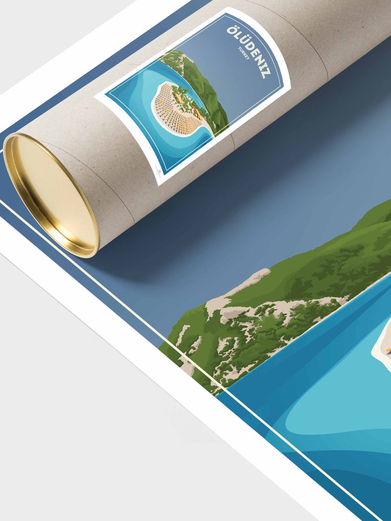 Oludeniz Turkey Travel Poster Print bay beach coastline framed greenery hills lagoon mountains new ocean oludeniz resort sand sea shoreline sunbeds tropical umbrellas water