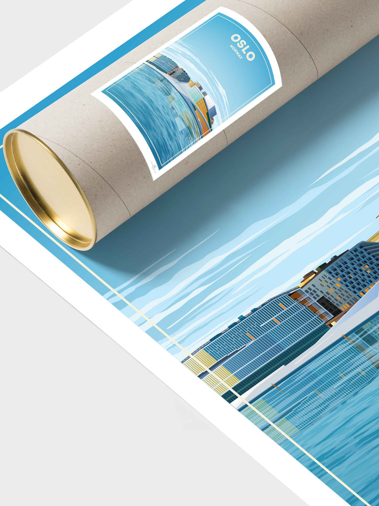 Oslo Norway Travel Poster Print architecture blue buildings cityscape contemporary framed glass harbour house modern new Norway opera oslo reflection sky skyline urban water waterfront