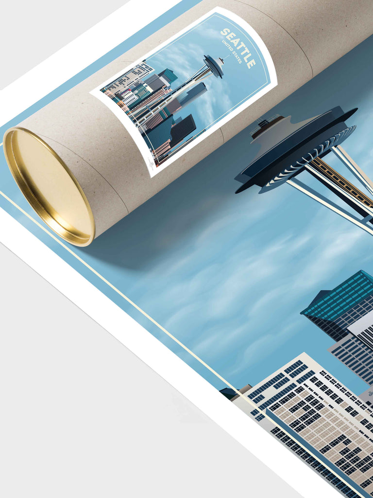 Seattle United States Travel Poster Print architecture buildings cityscape clouds downtown framed landmark metropolitan modern new seattle sky skyline skyscrapers spaceneedle states tower united urban usa