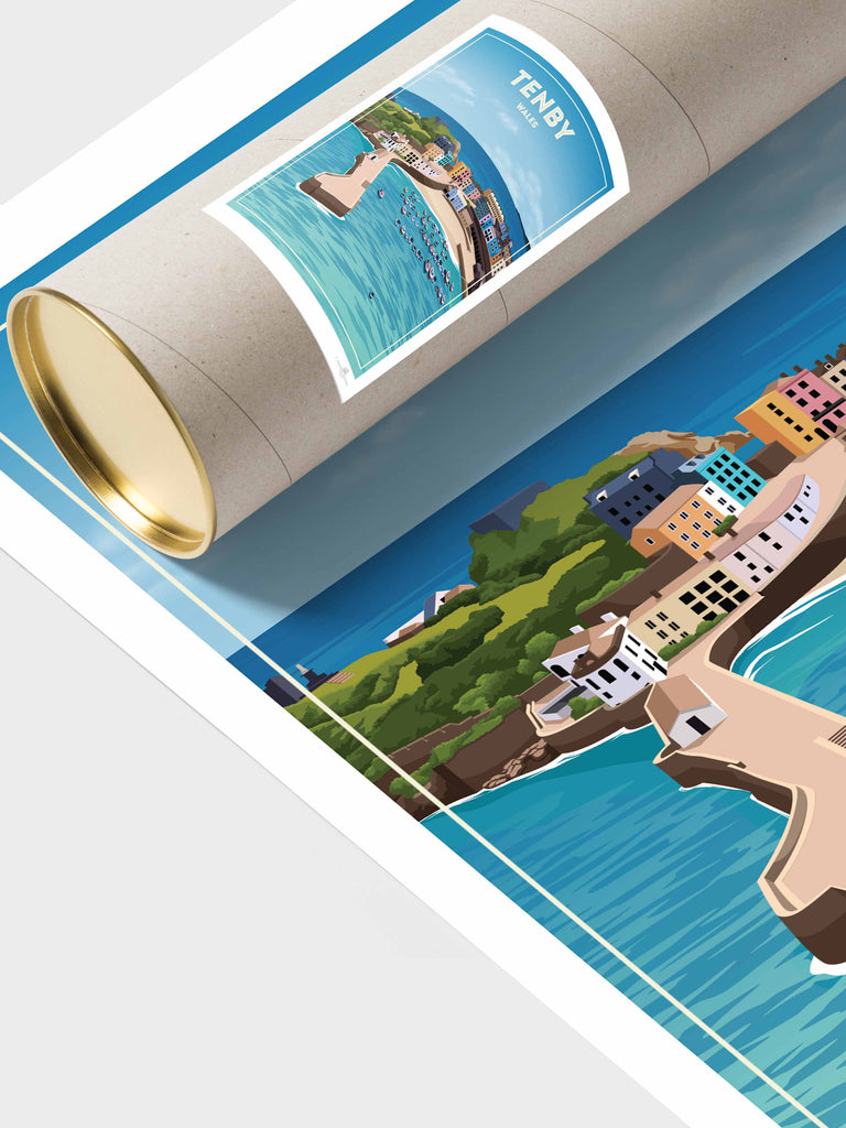 Tenby Wales Travel Poster Print boats buildings cliffs coastline colourful framed harbour headland houses marina new ocean pier sea seaside sky tenby town Wales water