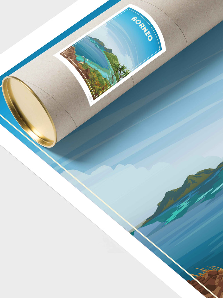 Borneo Travel Poster Print bedroom art blue green artwork borneo poster coastal wall art exotic travel poster framed gift for travellers holiday decor housewarming gift living room decor Malaysia nature wall decor new office wall print paradise poster sea and island art tropical travel print vintage travel art